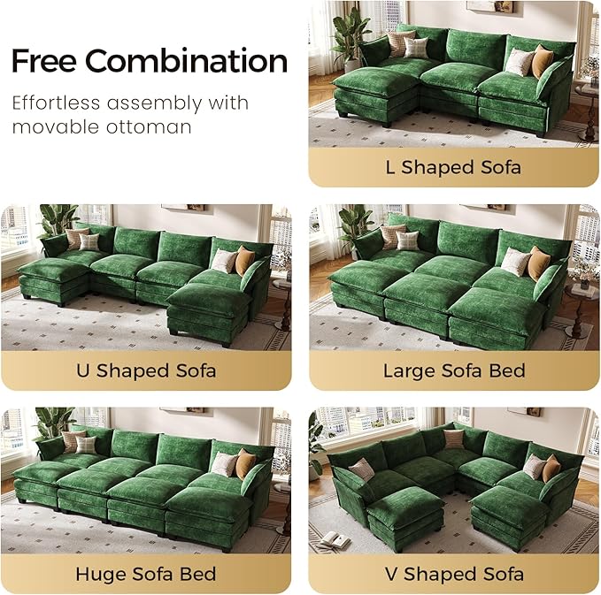KKL 120" Modular Sectional Sofa, U-Shaped 6 Seater Convertible L-Shaped Cloud Couch with Ottoman, Chenille Modern Sectional Couches for Living Room, Apartment, Green