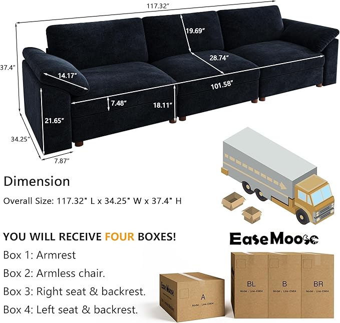 EASE MOOSE Modern 3 Seat Sectional Modular Sofa, FSC Certified Chenille Comfty Deep Seat Couch for Living Room,Solid Wood Frame Sofa,Blue