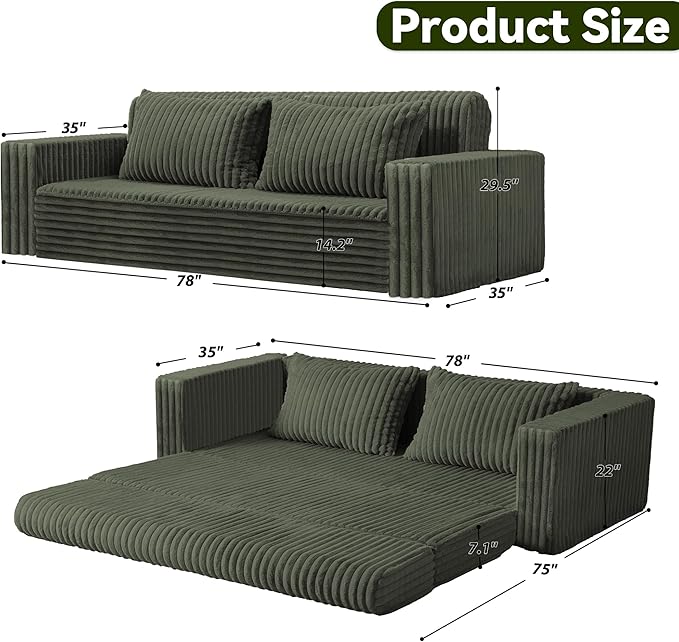 HABUTWAY Folding Sofa Bed, 2 in 1 Convertible Sleeper Chair with 2 Pillows, Portable Fold Out Chair Bed with Armrest, Comfy Floor Couch, Lazy Sofa for Living Room Bedroom Dorm Home Office, Green