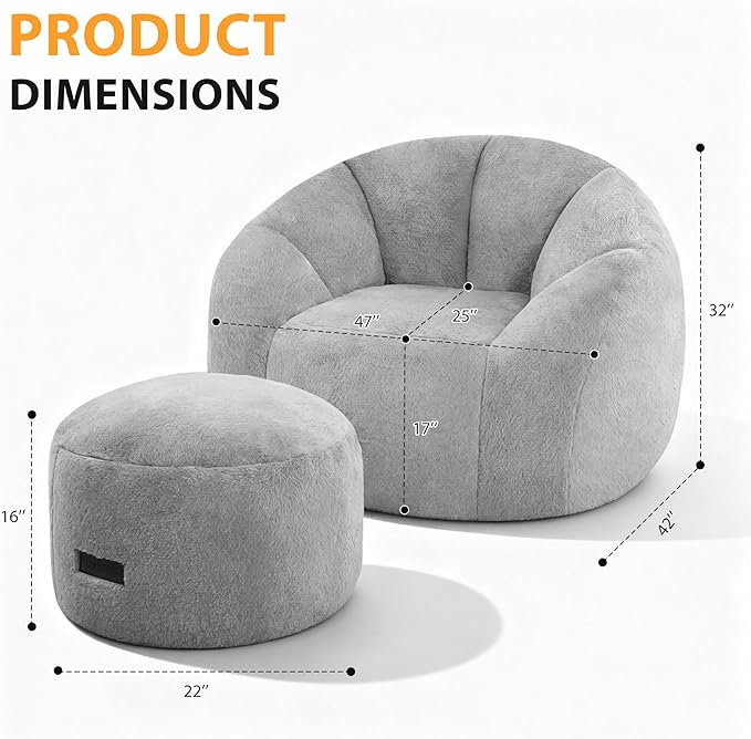 HABUTWAY Bean Bag Chair, Oversized Shell-Shaped Bean Bag Couch with Ottoman, Giant Beanbag Chair for Adults and Kids, Comfy Bean Bag Sofa & Footstool, Large Floor Sofa for Living Room Bedroom, Grey