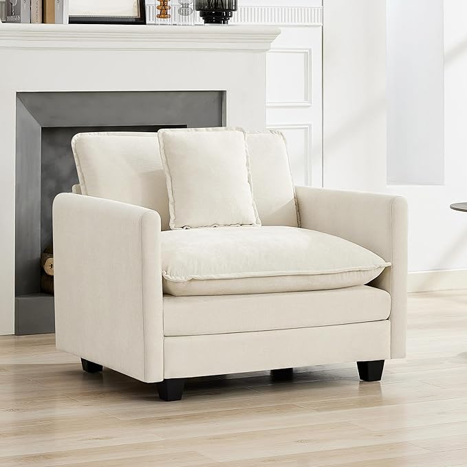 WUTUTUEE 41'' Modern Chenille Oversized Chair, Upholstered Accent Living Room Chair with Extra Thicked Deep Seat, Single Lounge Chair for Bedroom, Small Apartment, Beige