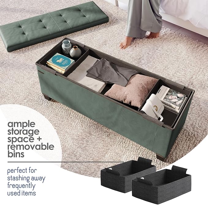 Storage Ottoman Bench with Bins, 43-in Storage Bench for Bedroom End of Bed, Folding Foot Rest Ottoman for Living Room Max 660lbs, Faux Leather Ottomans, Green