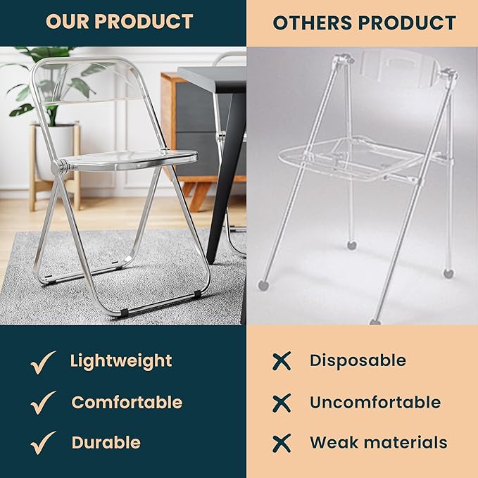 LeisureMod Lawrence Modern Clear Acrylic Folding Chair with Metal Frame, Space-Saving Transparent Seating for Dining Room, Home Office, Bedroom, Vanity or Small Spaces, (Clear, Set of 4)