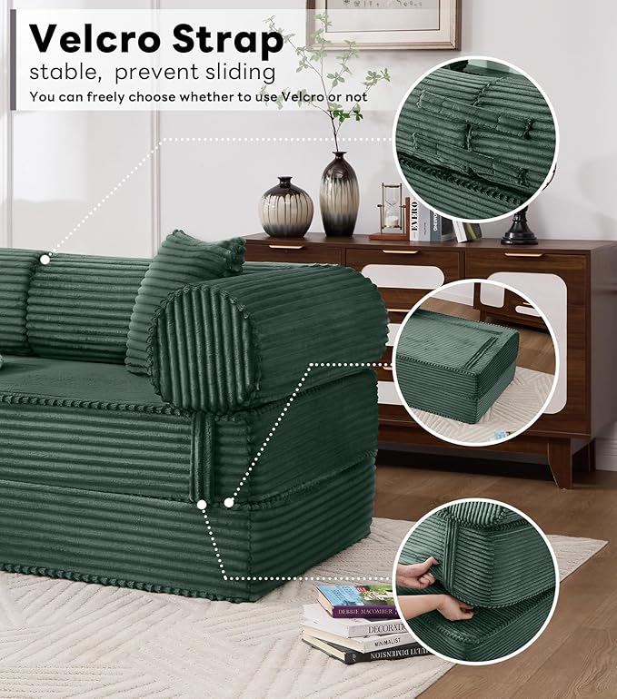 Tbfit 79'' Folding Boneless Couch, Oversized Corduroy Convertible Sofa Bed, Futon Mattress Sleeper Sofa, Comfy Foldable Upholstered Floor Couches for Living Room, Dark Green