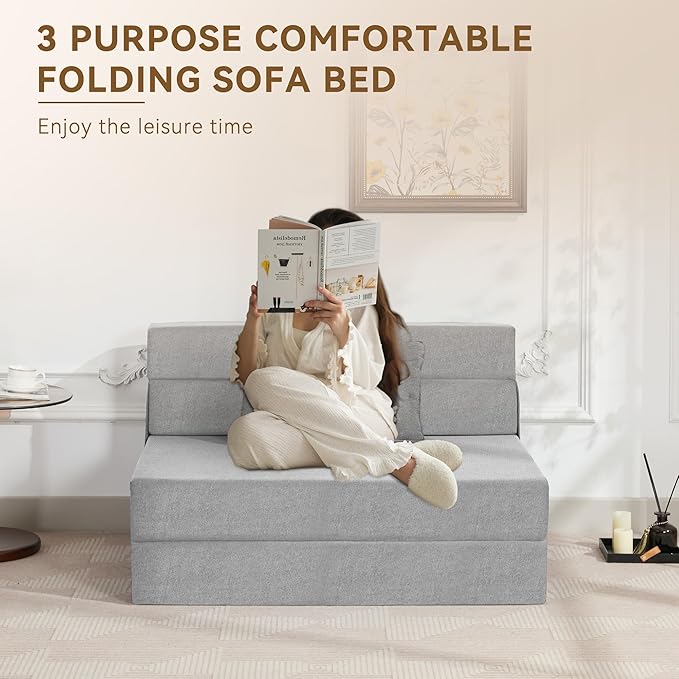 Folding Sofa Bed Convertible Floor Couch Foldable Chair Bed with Pillow，Linen Sleeper Chair Futon,Foldable Memory Foam Mattress for Bedroom/Living Room/Dorm/Office (Light Grey, Standard)