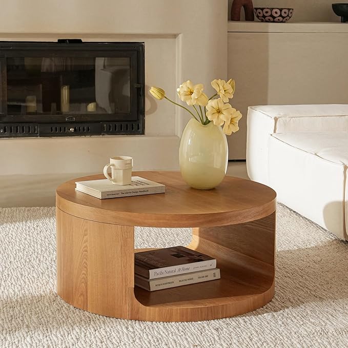Veihaus Round Coffee Table with Storage, 31.5" Modern Living Room Table, 2 Tier Circle Wood Center Tables for Apartment, Living Room, Open-Style Storage Coffee Tables, 31.5"*15.7" (Nature Wood)