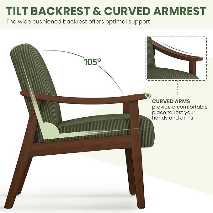 Yaheetech Corduroy Accent Chair, Mid-Century Modern Armchair with Solid Wood Legs, Reading Leisure Chair with High Back for Living Room Bedroom Waiting Room Dark Green