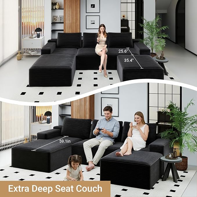 KAPEETOO U Shaped Modular Sectional Sofa with Left Chaise Ottoman, Boneless Couch with Deep Seat, Oversize 3-Seater Sofa U Shaped Set for Living Room Bedroom (Black)