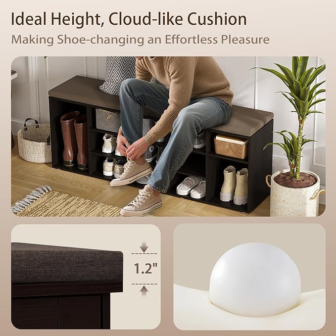 DINZI LVJ Shoe Storage Bench with Cushion, 15-Cubby Shoe Rack, Adjustable Shelves, Long Shoe Organizer Bench for Entryway, Mudroom, Hallway, Living Room, Bedroom and Garage, Espresso