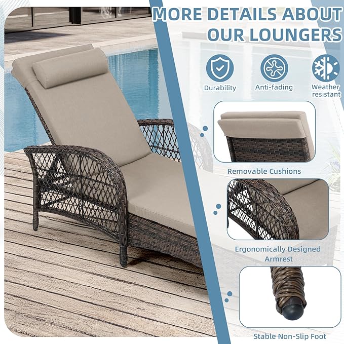 WINGTU 3 Piece Patio Chaise Lounge Set, Outdoor Patio Furniture Modern Lounge Chairs Set of 2 with Side Table & 6-Position Adjustable Backrest, Durable PE Wicker, Weather Resistant Cushions, Beige
