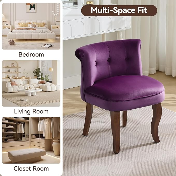 WUTUTUEE Velvet Vanity Chair with Solid Wood Legs, Tufted Upholstered Vanity Stool with Back, Mid Century Small Makeup Accent Chair for Bedroom, Living Room, Purple