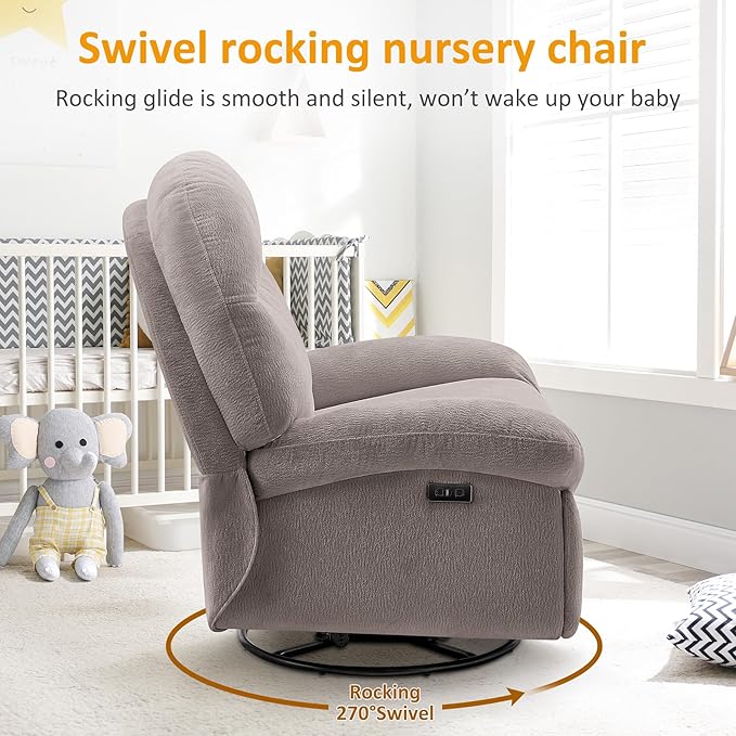 VANOMi Power Recliner Chair with Charging, 270° Swivel Glider Rocker Nursery Chair for Living Room, Bedroom, Nursing Room Office, Adjustable Comfort Rocking Chair, Taupe, Sets of 2