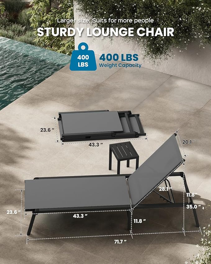 Foldable Pool Lounge Chairs, Aluminum Chaise Lounge Outdoor with 5 Positions Recliner - Free Assembly - Patio Lounge Chair for Poolside, Beach (Darkgray)