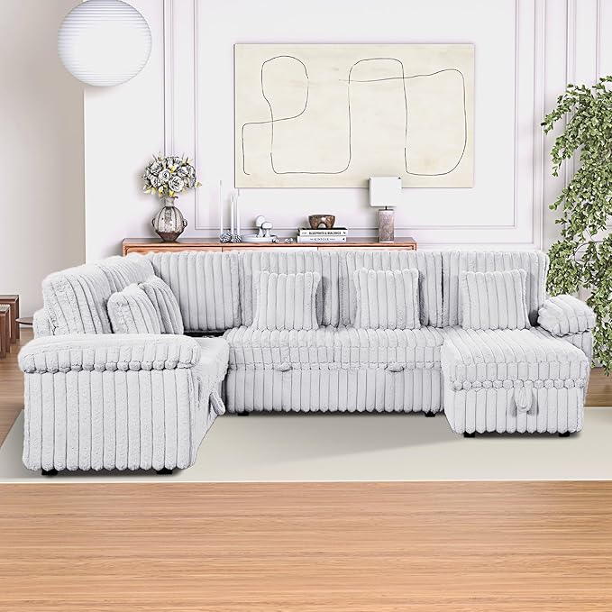 Modular Sectional Sleeper Sofa with Pull Out Bed, Storage Chaise & USB Charging, U Shaped Plush Corduroy Sectional Couches for Living Room, Comfy Convertible 7 Seat Cloud Sofa Bed, Grey