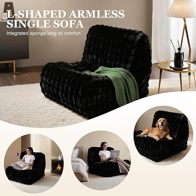 Bean Bag Chair for Adults, Lovely Bean Bag Chair with Plush Faux Fur, Lazy Floor Sofa, Comfy Reading Nook Chairs, Couch Single Sofa for Living Room Bedroom Office (Black)
