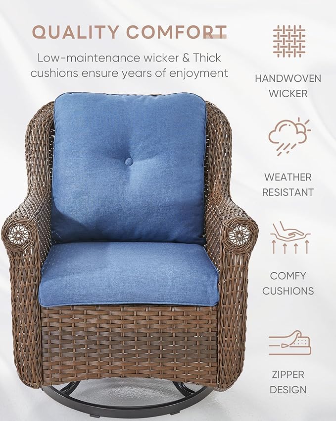 ACTREST Patio Chairs Outdoor Swivel Glider - Set of 4 High Back Outside Brown Wicker Rattan Rocking Chair with Thick Cushion for Porch Apartment Deck Yard Poolside Garden - Navy Blue