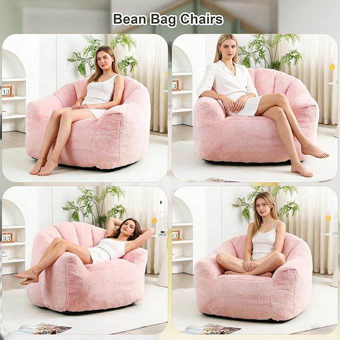 Bean Bag Chair, Bean Bag Couch for Adults and Kids, Comfy Shell-Shaped Chair with Filler Armrests Stuffed High-Density Foam Stuffed Sofa Lounge Floor Sofa for Bedroom,Gaming, Reading,Pink