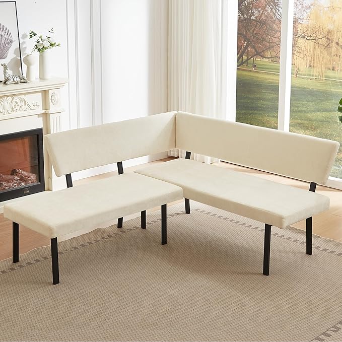 Modern L-Shaped Dining Bench, 67 Inch Fabric Upholstered Corner Sofa with Metal Legs for Kitchen Nook, Living Room, Dining Room (Beige)