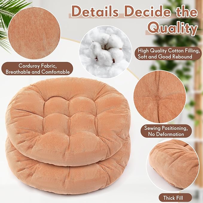 Jerify Floor Pillow Cushions 22 x 22 Inch Round Square Large Meditation Floor Pillow for Classroom Adult Meditation Picnic Party Cushion for Seating Gift Christmas(Round,Light Brown,2 Pcs)