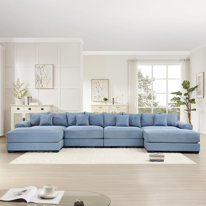 KEIKI 168" U-Shaped Oversized Corduroy Modular Cloud Sectional Sofa with 2 Ottoman, High-Density Foam Cushion, Extra-Thick Armrest, 4-Seater Fluffy Corner Couch with 12 Pillow, for Living Room, Blue