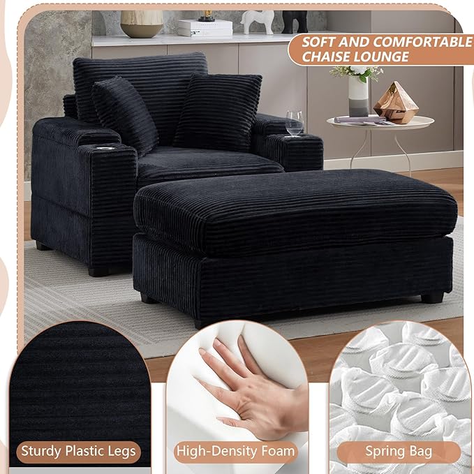 50" Oversized Chaise Lounge Chair Indoor with Ottoman and Storage, Deep Seat Upholstered Reading Chair, Comfy Corduroy Sleeper Chair with Cup Holder, Reclining Chair for Living Room, Bedroom, Black
