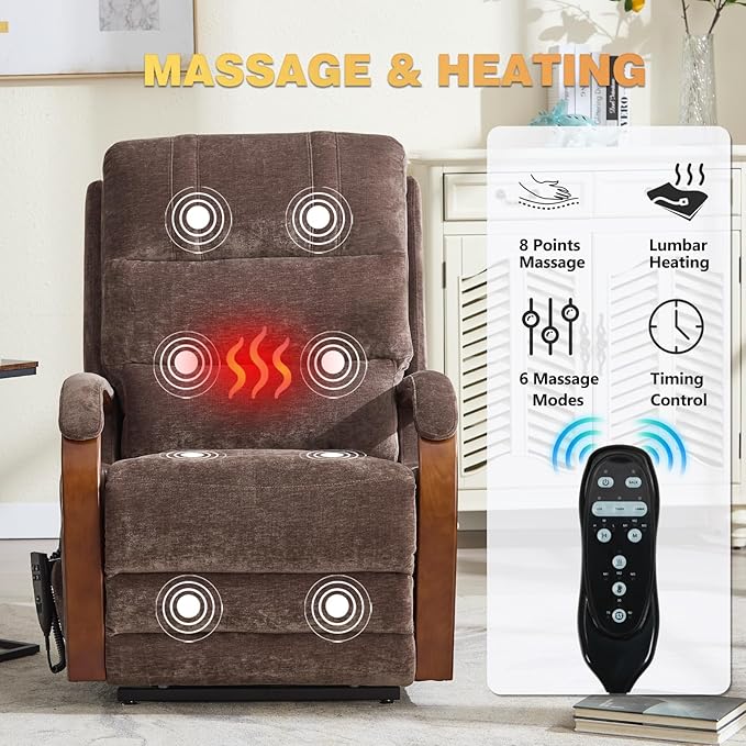Dual Motor Power Lift Recliner Chair, Lift Chair with Massage and Heat for Elderly, Lay Flat Recliner, Standing Assistance, Infinite Position Reclining, Living Room Chair, Chenille, Brown