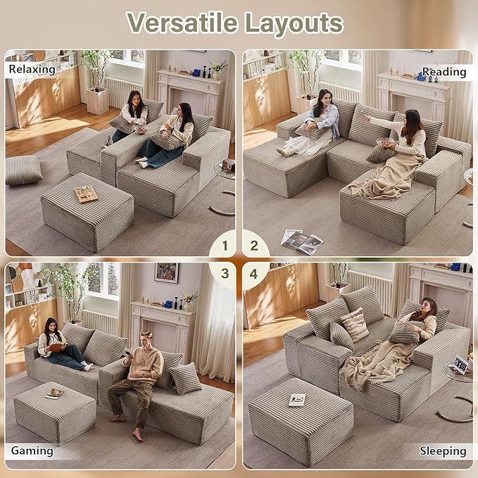 Lakifun 107" L-Shape Sofa with Ottoman, Modern Modular Sectional Comfy U-Shape Cloud Couch, Deep Seat, Upholstered Corduroy Sleeper Chaise Longue for Living Room Bedroom, No Assembly Required, Camel