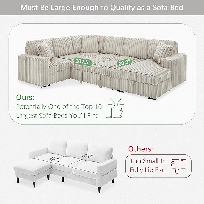 Olodumare Oversized Convertible Sectional Sofa Bed for Living Room, Modern 122'' Corduroy Upholstered U-Shaped Couch with Right Chaise Hidden Storage & Pull-Out Bed, USB & Type-C Port, Cream Khaki