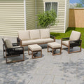 INTER HUT Rustic Hideaway Natural Cedar Wood Outdoor Furniture Set, Wicker Patio Conversation Set for Porch Garden Backyard, Couch, 2 Patio Chairs and 2 Ottomans, 5 Piece, Brownish/Beige