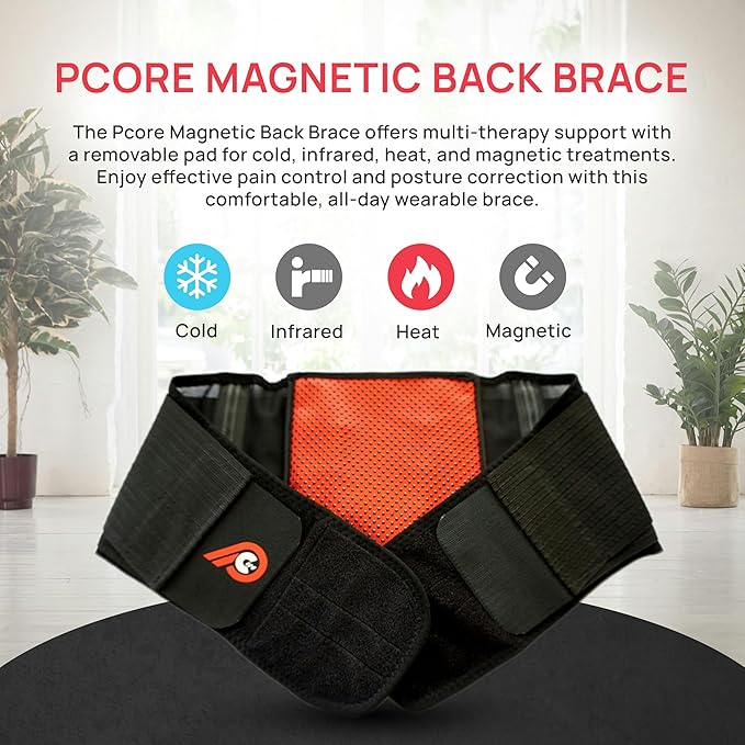 PRIMEKINETIX Pcore Dynamic Lower Back Support Belt - Adjustable Lumbar Brace for Pain Relief with Heat & Ice Therapy - Posture Corrector for Men Women - Breathable Core Support Belt, Size S