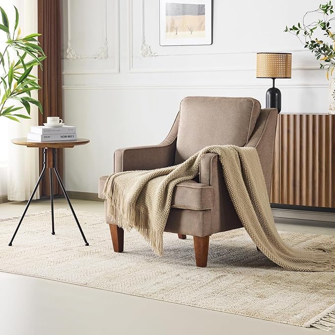 VINGLI Mid-Century Modern Accent Chairs Set of 2, Light Brown Upholstered Armchair Comfy Sofa Chairs Reading Chair High Back for Living Room Bedroom Furniture Apartment