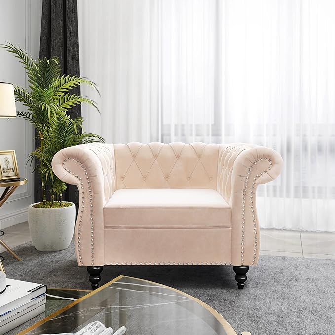 QHITTY Accent Chair, Chesterfield Chair Modern Velvet Upholstered Chair with Tufted Back for Living Room Furniture (Beige)