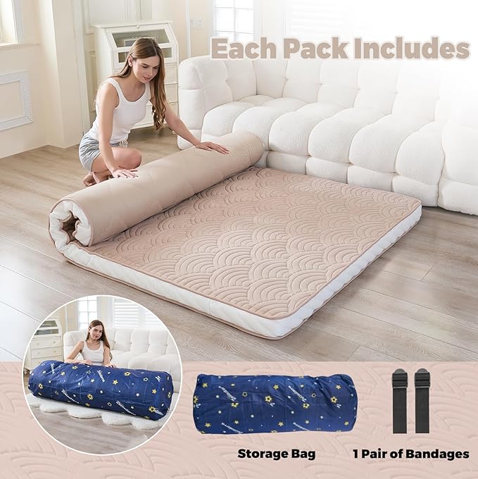 Zelladorra Japanese Floor Mattress, Quilted Futon Mattress with Anti-Slip Bottom, Foldable Floor Bed with Storage Bag and Straps, (Beige, Twin)