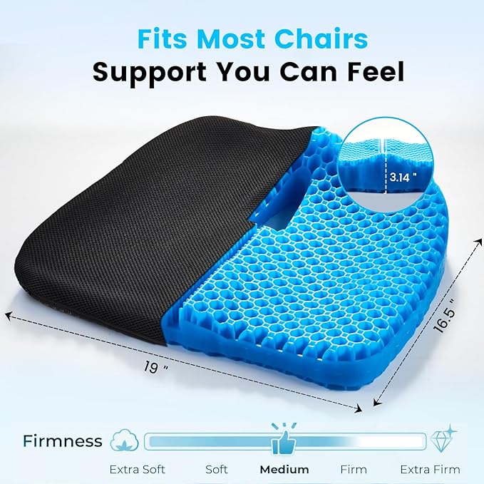 Anzeng Gel Seat Cushion for Long Sitting, Gel Cushion for Pressure Relief, Soft & Breathable, Chair Cushion for Office Chair, Car, Wheelchair, Seat Cushion with Non-Slip Black Cover