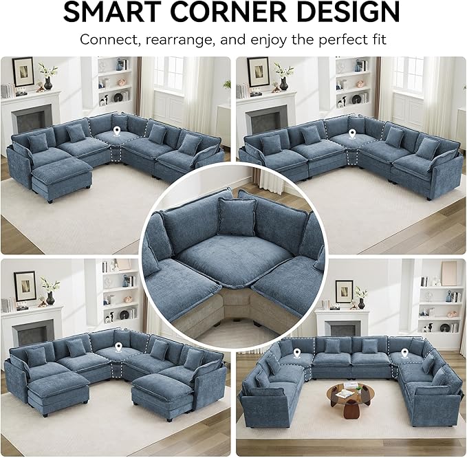 113'' V Shaped Cloud Sectional Sofa, Oversized Deep Seat Couches for Living Room, Chenille Comfy Upholstered Modular Sectional Sofa Couch with 2 Movable Ottoman, Blue