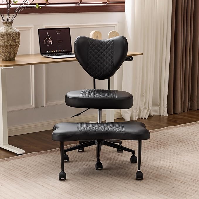 Meditation Chair with Lumbar Support, Ergonomic Floor Sitting Chair Adjustable Height, Cross Legged Chair for Office, Yoga & Mindfulness, Cushioned Seat with Wheels (Black)