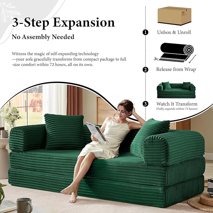 Chorlenimi Boneless Couch Futon Sofa Bed Sectional Couches for Living Room,Cloud Couch with Sleeper Sofa,Sofas for Living Room Oversized Corduroy Upholstered (Green, 76 Inches (No Iron Frame))