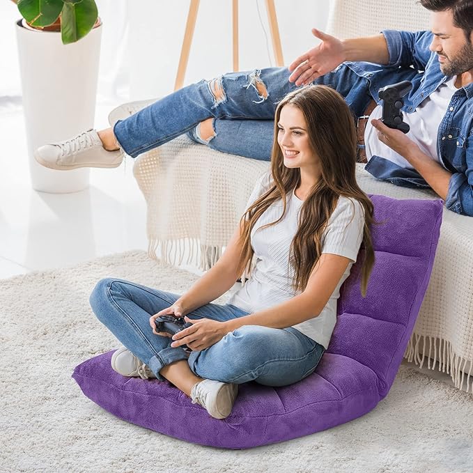 Floor Chair with Back Support, Foldling Gaming Sofa Chair with Comfy Cushion, Adjustable 14-Position Meditation Chairs, Lazy Lounge Recliner Reading Seat for Adults, Kids (Purple)