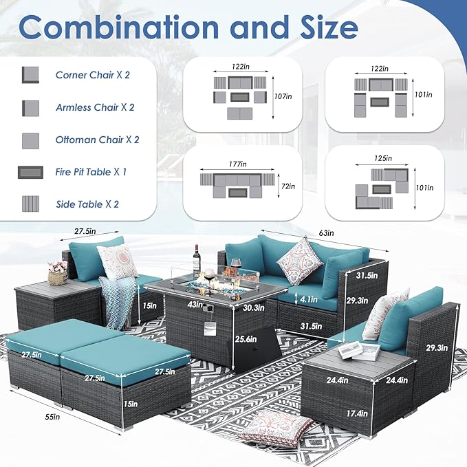 RADIATA 9 Piece Wicker Patio Furniture Set with Fire Pit, All-Weather Outdoor Sectional Couch High Back Large Size, Modular Backyard Seating Sofa Set with Propane/Natural Gas Firepit Table, Grey&Teal