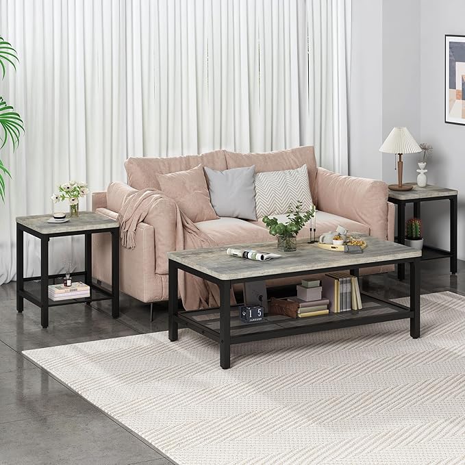 AWQM Coffee Table Set of 3, Industrial Coffee Table with 2 Square End Side Tables, Modern Living Room Table Set with Metal Frame for Apartment Home Office, Grey