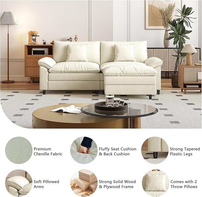Aoowow Modular Sectional Sofa Modern Convertible Loveseat Couch,85 Inch Deep 2-Seater Sofas Comfy Chenille Cloud Sofas and Couches Set with Movable Ottoman for Living Room Apartment(Beige)