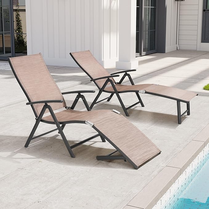 Crestlive Products Chaise Lounge Chair Outdoor Set of 2, Aluminum Folding Patio Recliner Chair, Adjustable 8 Positions Assemble-Free Perfect for Beach, Yard, Pool, Deck