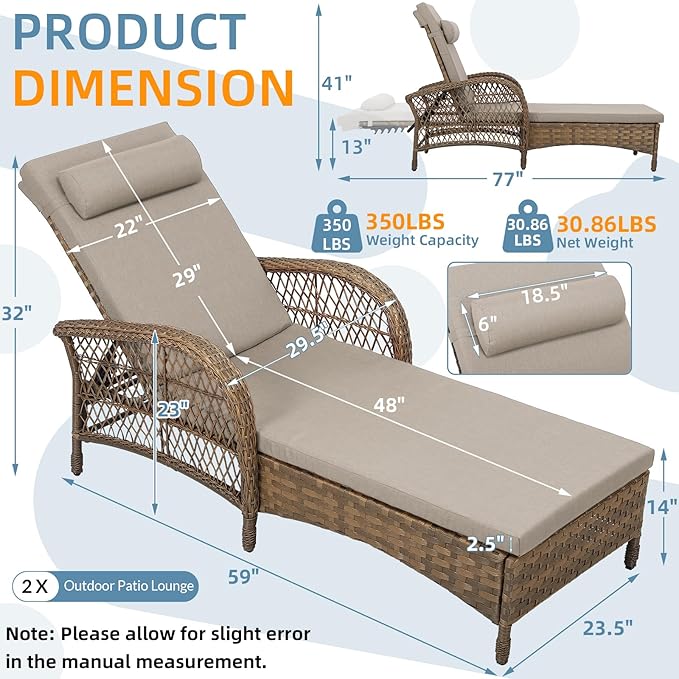 WINGTU Outdoor Chaise Lounge Chair Set of 2, PE Wicker Recliner Patio Reclining Sunbathing Chair with Cushion, 6-Position Patio Lounge Chair with Adjustable High Backrest, Armrest & Pillow, Beige