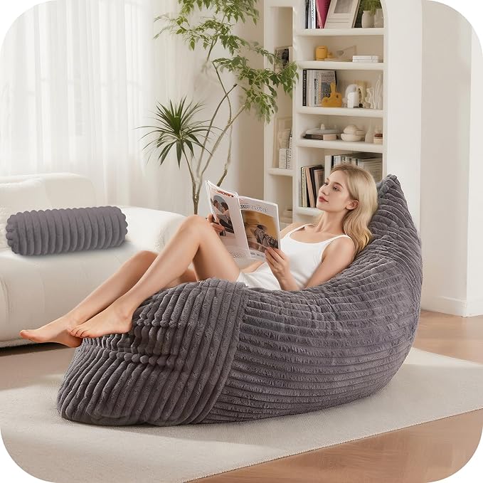 5 in 1 Bean Bag Chair with A Roll Pillow,Giant Bean Bag Chairs for Adults,Ultra Soft & Machine Washable Cover,Convertible Sofa Bed Floor Couch Lounger for Living Room,Bedroom