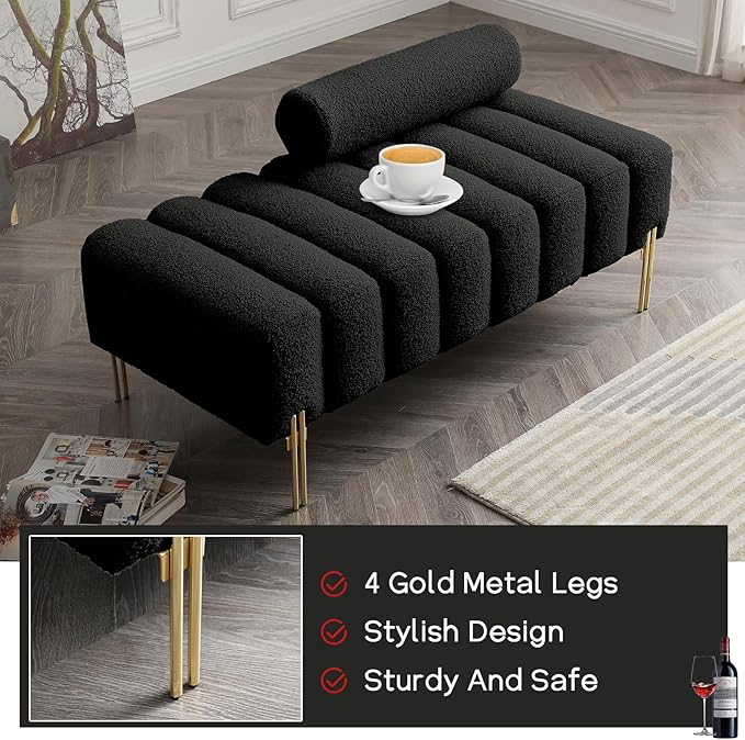 NIOIIKIT 53.2" Modern Loveseat Sofa Couch, Upholstered Accent Sofa with Golden Legs and Adjustable Backrest, Small Teddy Fleece Couches for Bedroom, Living Room, Compact Small Space (Black)