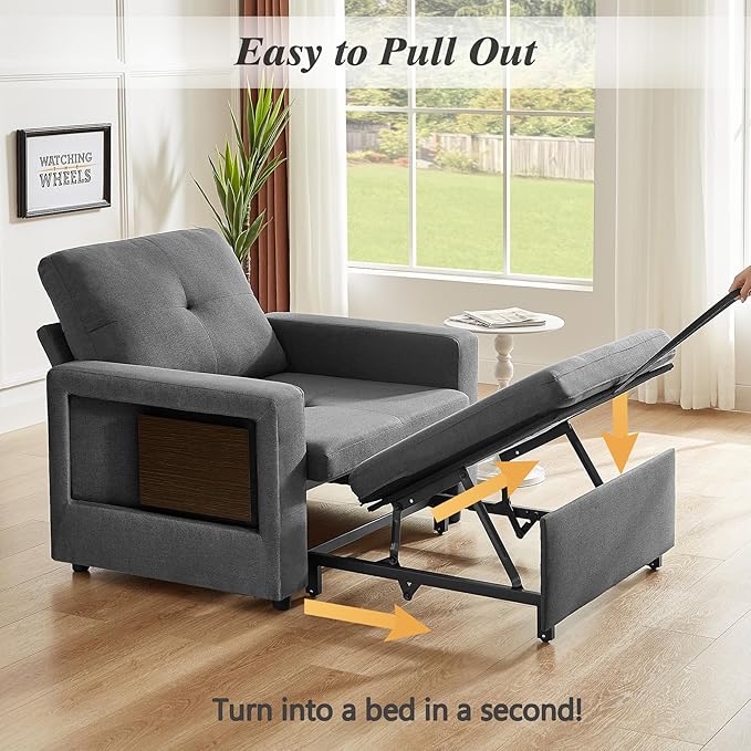WEUP 42.5" Sleeper Sofa Chair Bed, 3-in-1 Convertible Sleeper Chair with Pull Out Bed, Adjustable Reclining Backrest, Side Pockets, Cup Holder, USB Ports & Wing Table, Premium Dark Grey