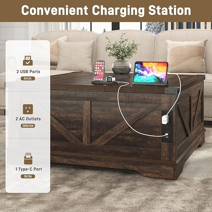 Hlivelood 40” Large Farmhouse Lift Top Coffee Table with Power Outlets and Large Hidden Storage, Square Wood Living Room Tables, Multi-Function Lift Wooden Barn Door Center Table, Brown