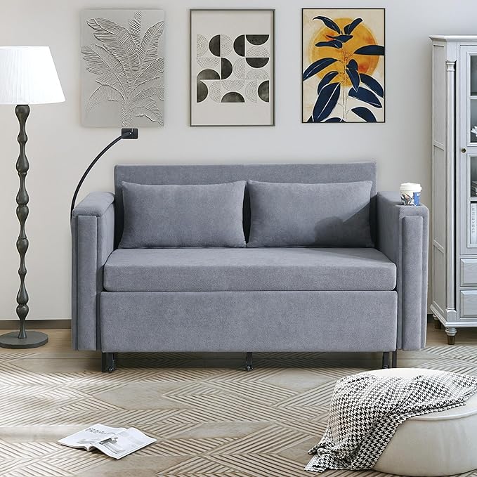 ORRD Pull Out Sofa Bed, 2-in-1 Multi-Functional Sleeper Couch Small Loveseat Bed with Hidden Side Table, Phone Holder and Cup Holder for Living Room, Small Space, Apartment (Grey)