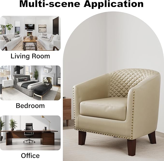 DREAMSIDEA Accent Barrel Chair, Upholstered Faux Leather Club Chair with Nailed Trim, Comfy Reading Armchair for Living Room Bedroom Reception Room Office (Beige, Set of 2)