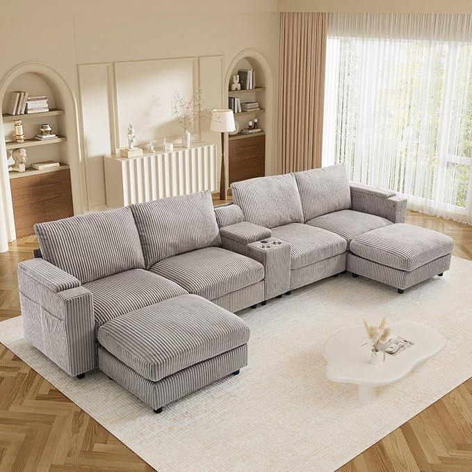 153" W x 60" D U Shape Sectional Sofa with USB Charging & Cup Holder & Storage, 6 Seater Plush Corduroy Couches with Movable Ottoman, Cloud Couch Sofas for Living Room, DIY Combination - Light Grey